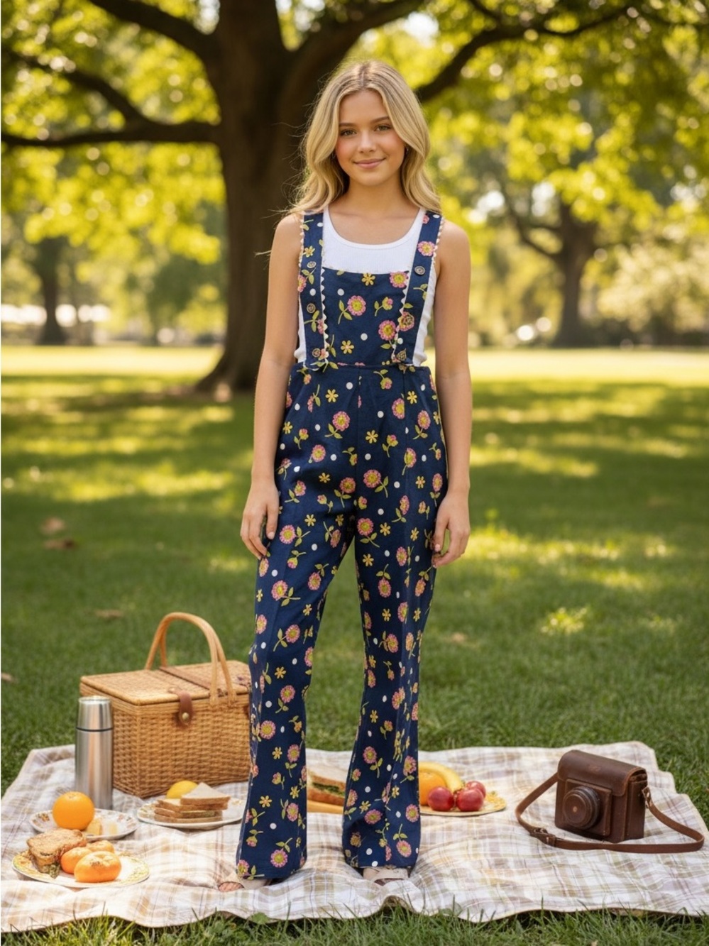 Cottagecore, Retro-Vintage, 70s Boho, sunflower polka dot overalls - Picture 2 of 15
